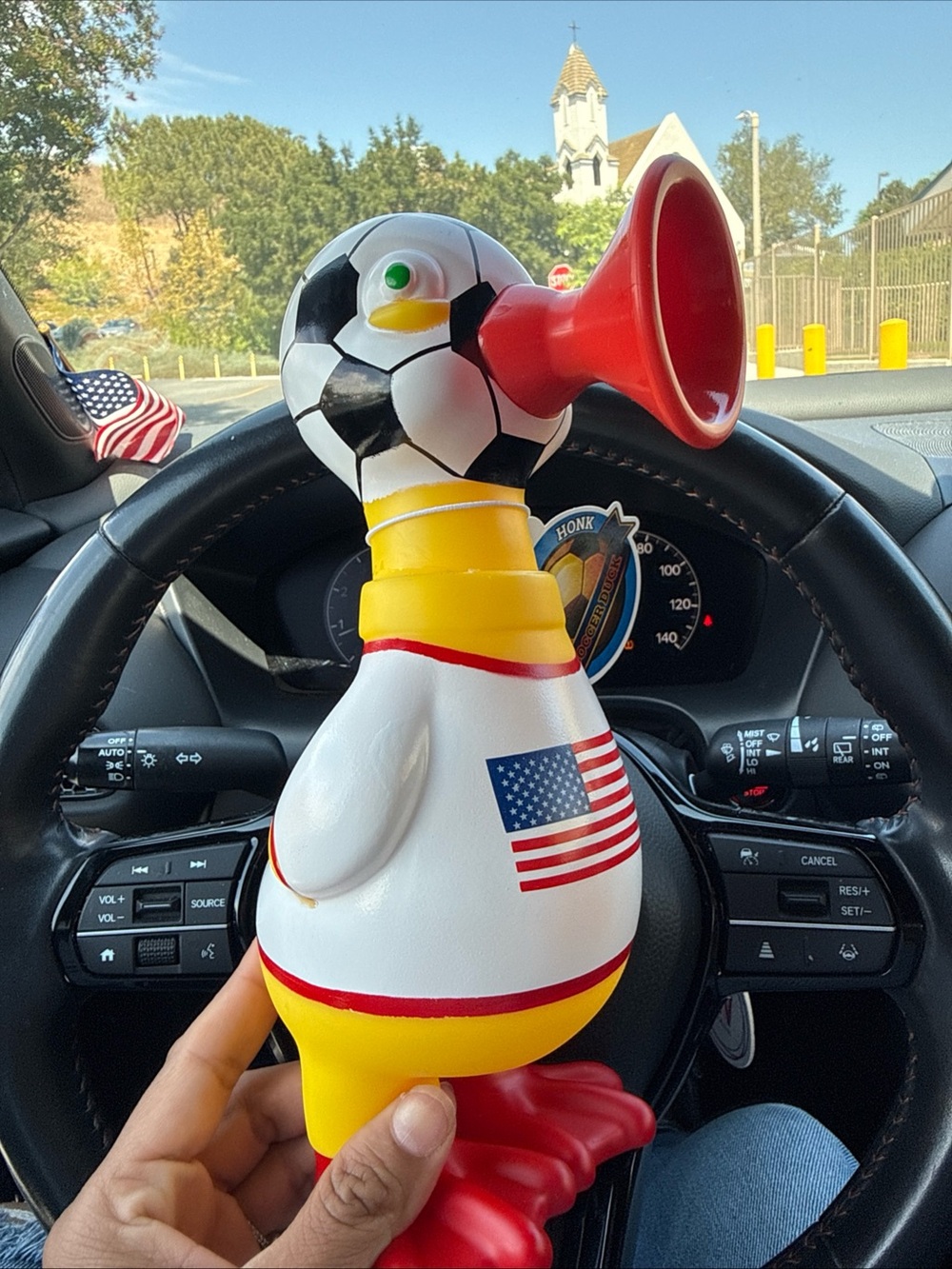 Soccer Duck Squeak Toy - Red, White & Yellow